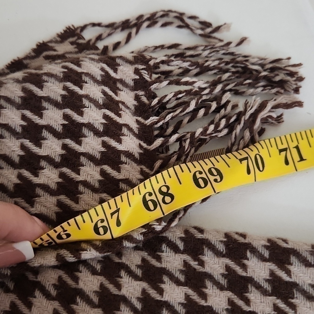 100% Clear Silk Tassel Scarf Unisex Camel beige Brown Houndstooth Luxury - Picture 9 of 10